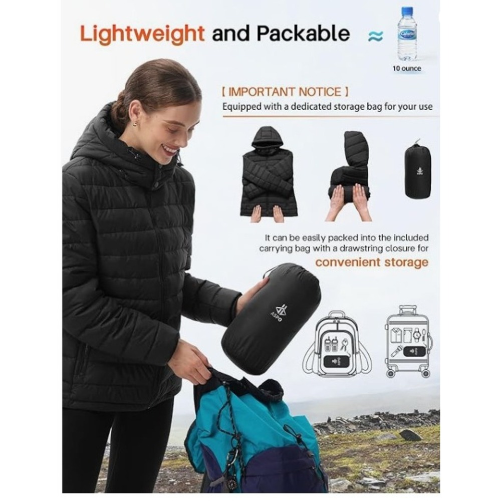 Black Packable Puffer Jacket, Womens 2XL, Lightweight Hooded Winter Coat Outdoor - Picture 5 of 7
